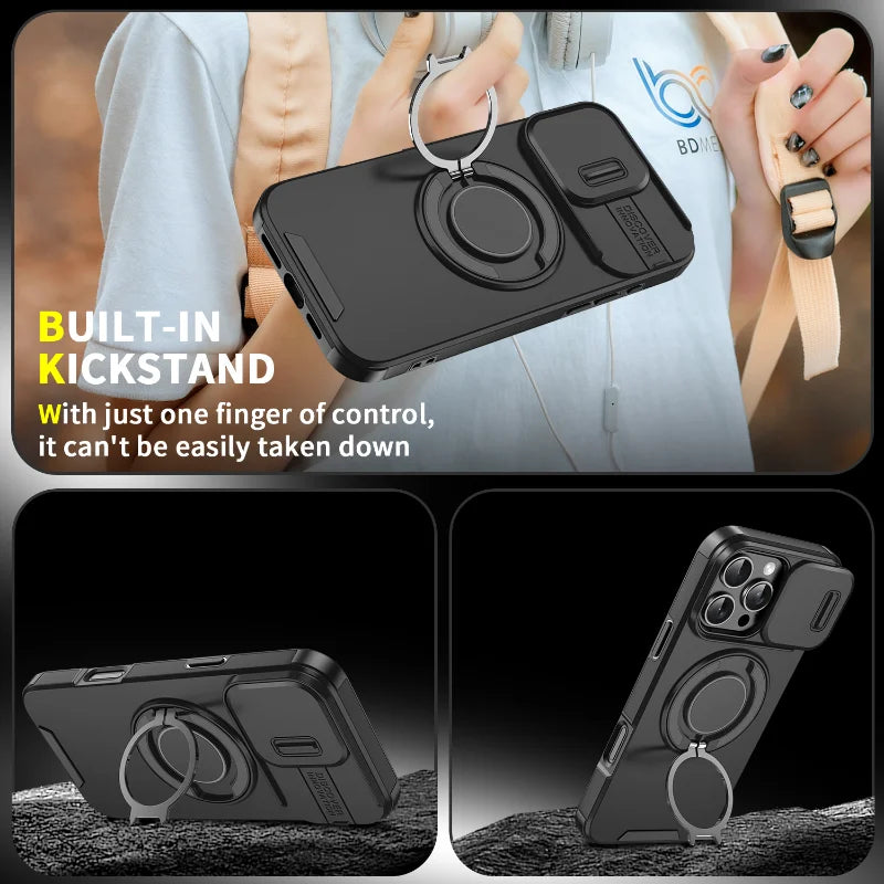 Heavy Duty iPhone Case - Magnetic Armor with Slide Camera Protection & Ring Stand