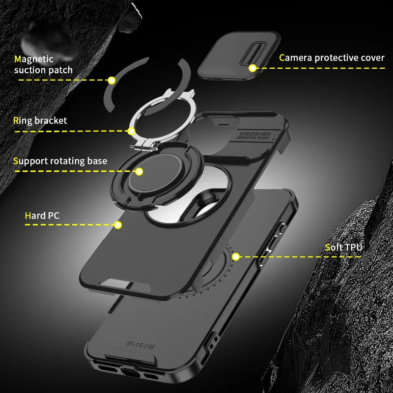 Heavy Duty iPhone Case - Magnetic Armor with Slide Camera Protection & Ring Stand