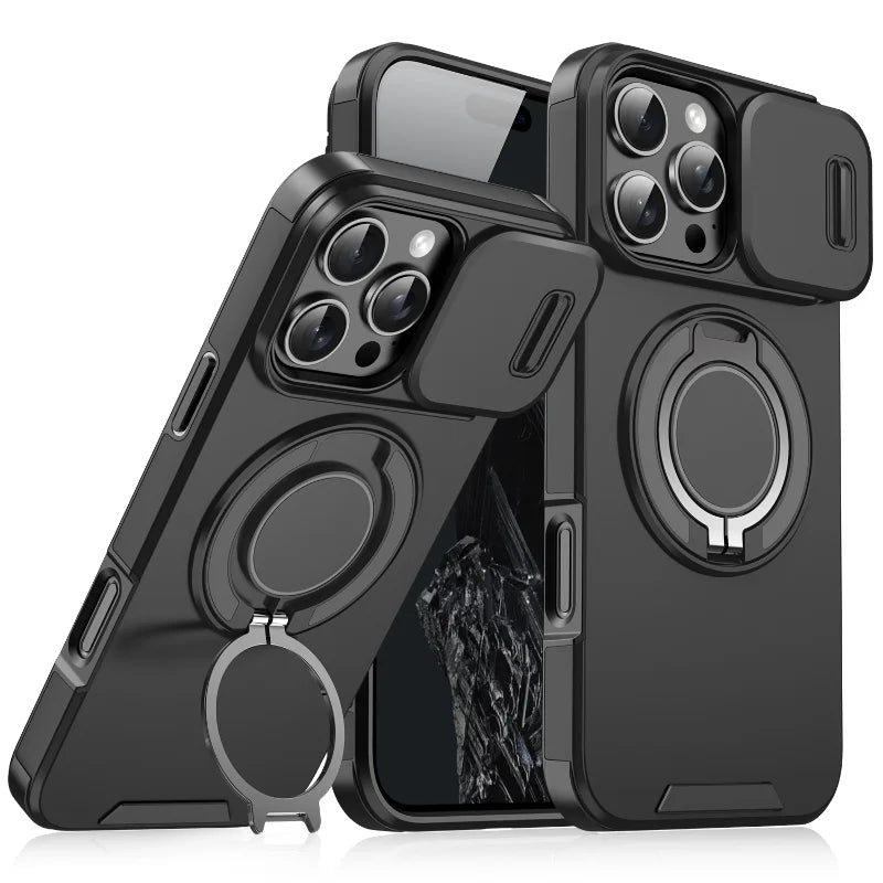 Heavy Duty iPhone Case - Magnetic Armor with Slide Camera Protection & Ring Stand