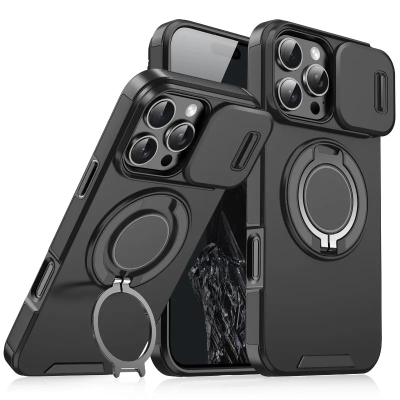 Heavy Duty iPhone Case - Magnetic Armor with Slide Camera Protection & Ring Stand