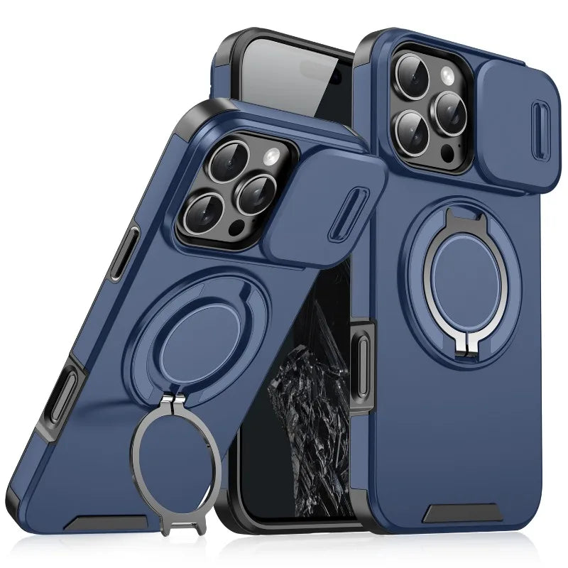 Heavy Duty iPhone Case - Magnetic Armor with Slide Camera Protection & Ring Stand